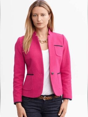 Banana Republic Hot Pink Textured Blazer Navy Trim Size 6